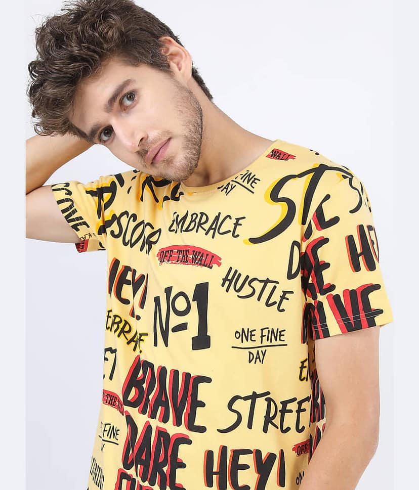 Ketch 100% Cotton Slim Fit Printed Half Sleeves Men's Round T-Shirt - Yellow ( Pack of 1 )