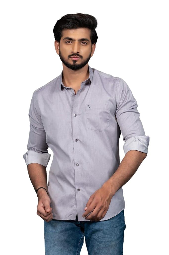 Vooz Men's Slim Fit Casual Shirt, Long Sleeve with Cut Away Collar, Light Grey, Made in India
