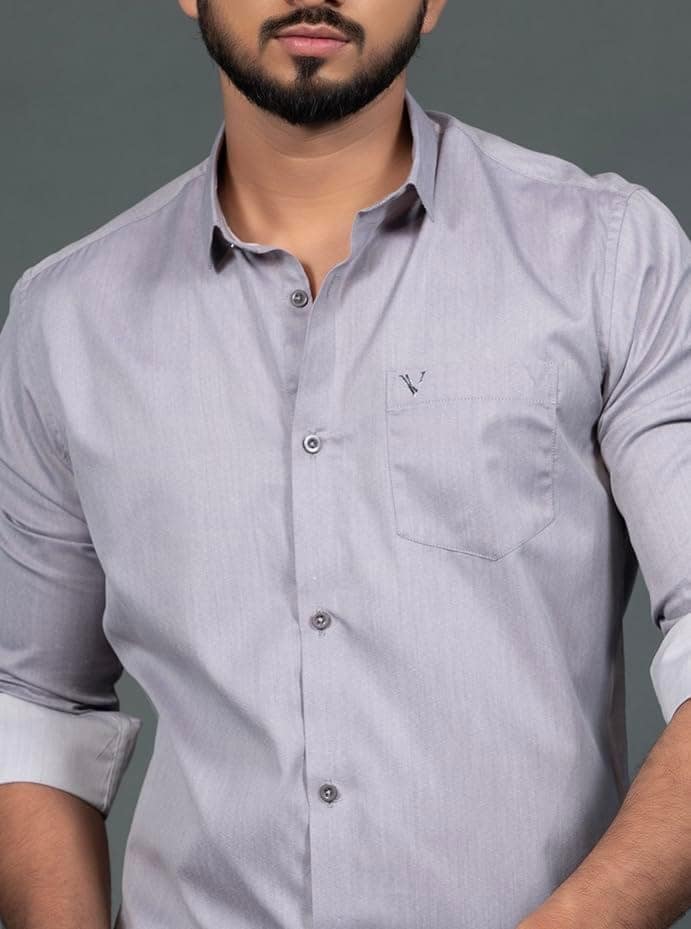 Vooz Men's Slim Fit Casual Shirt, Long Sleeve with Cut Away Collar, Light Grey, Made in India view 3