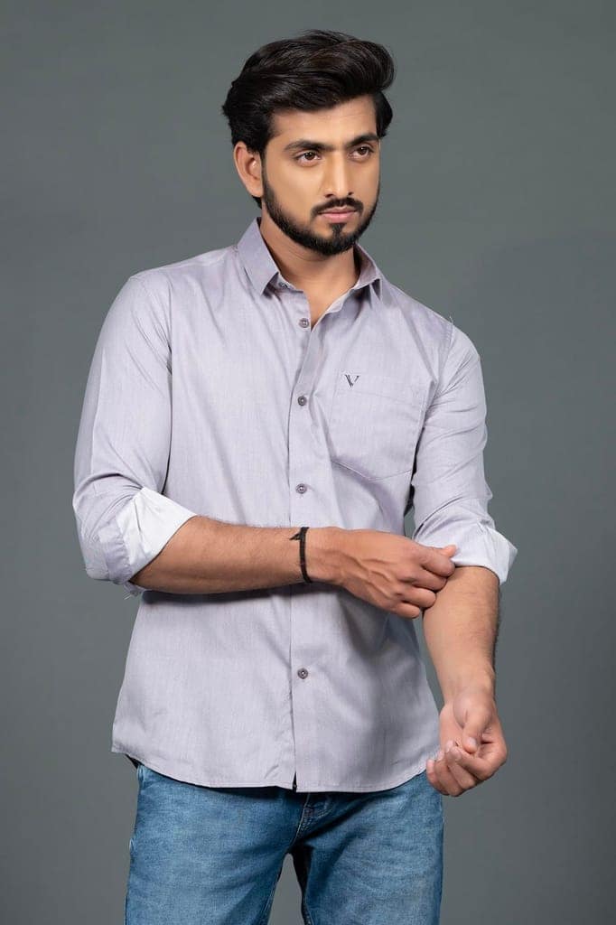Vooz Men's Slim Fit Casual Shirt, Long Sleeve with Cut Away Collar, Light Grey, Made in India view 4