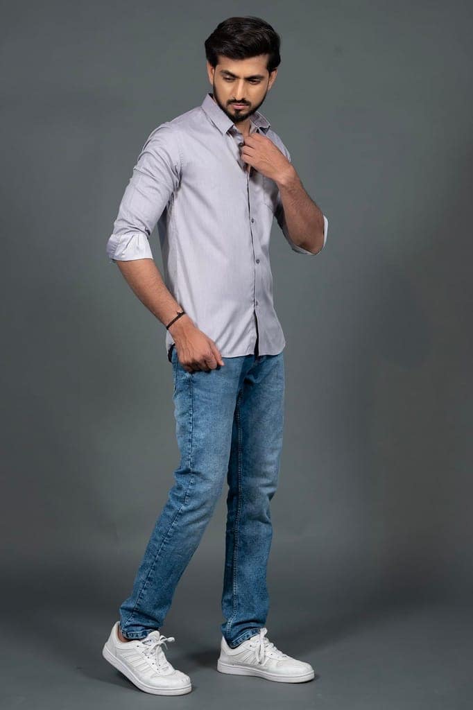 Vooz Men's Slim Fit Casual Shirt, Long Sleeve with Cut Away Collar, Light Grey, Made in India view 5