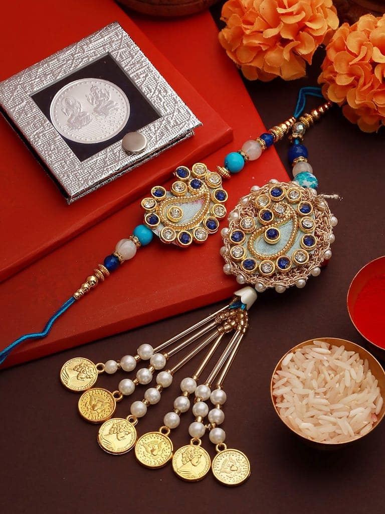 Set of 2 Stone Studded Designer handcrafted Lumba Rakhi set with 10 gram Laxmi Ganesh round 999 Round Silver Coin