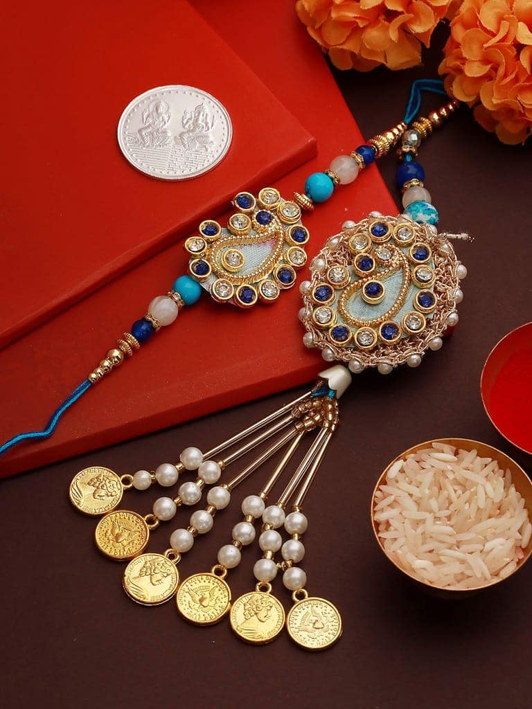 Set of 2 Stone Studded Designer handcrafted Lumba Rakhi set with 10 gram Laxmi Ganesh round 999 Round Silver Coin view 2