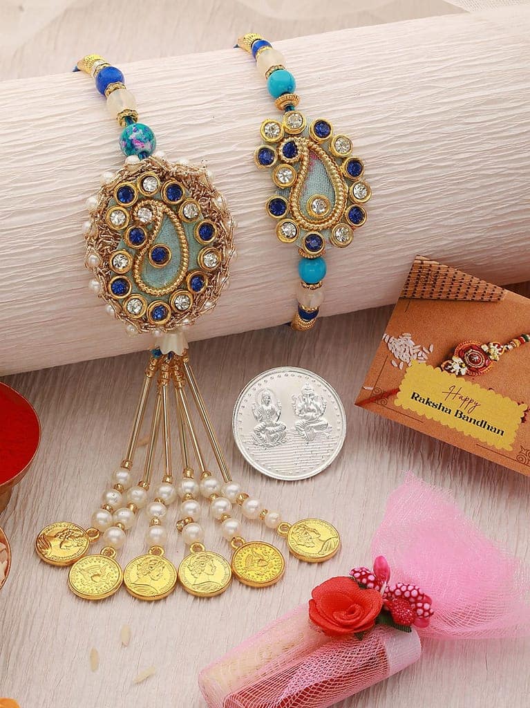 Set of 2 Stone Studded Designer handcrafted Lumba Rakhi set with 10 gram Laxmi Ganesh round 999 Round Silver Coin view 4