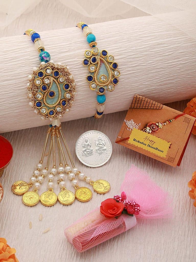 Set of 2 Stone Studded Designer handcrafted Lumba Rakhi set with 10 gram Laxmi Ganesh round 999 Round Silver Coin view 5