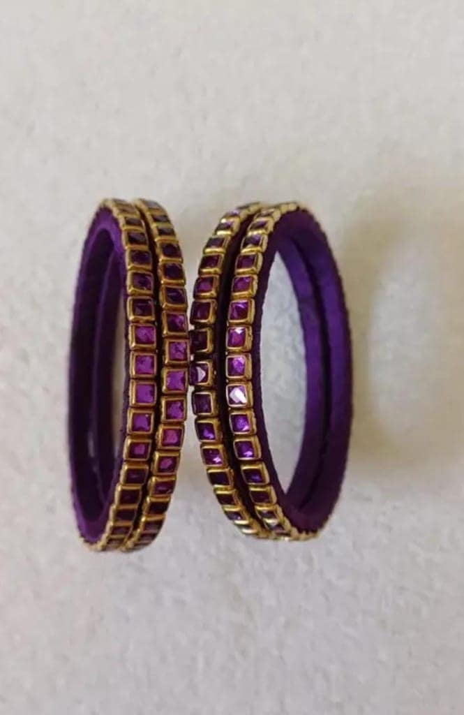 Exquisite Purple Lac Bangles with Gold Plated Stones - Set of 4 view 3