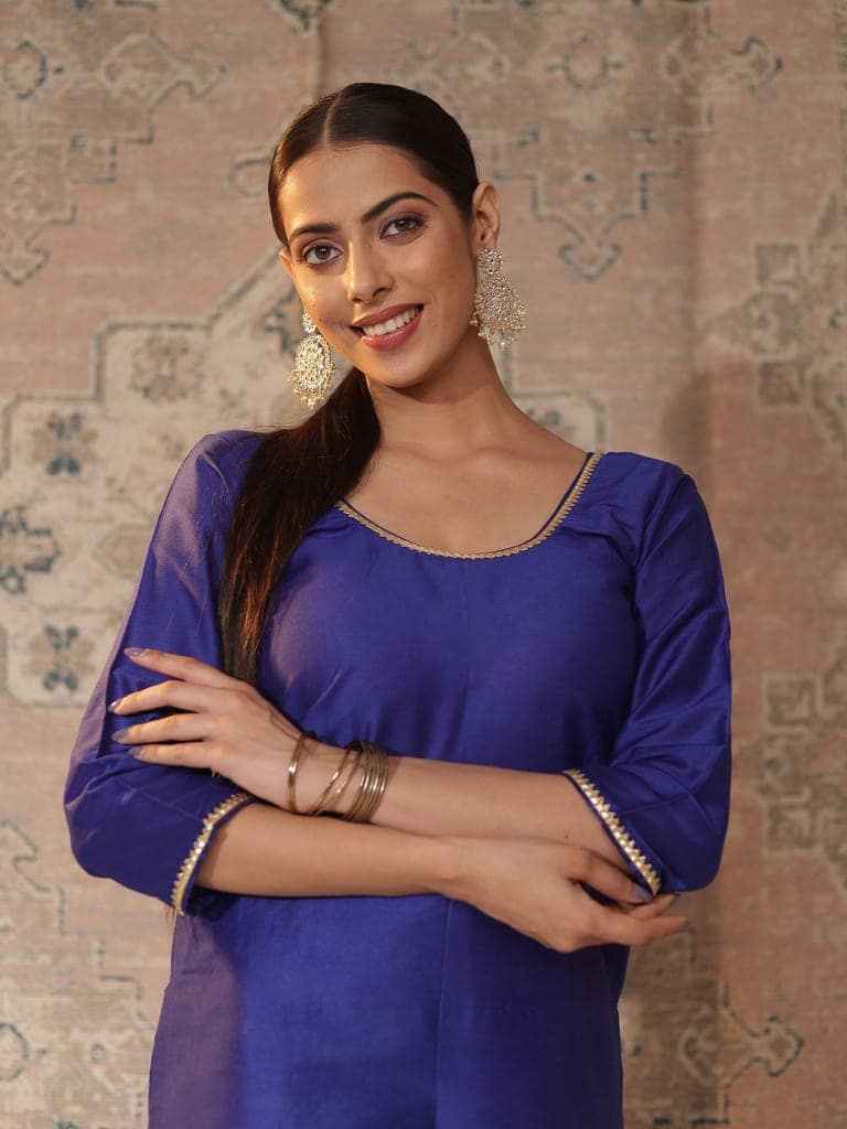 Royal-Blue Cotton-Silk Kurta & Banarasi Chanderi Palazzo Set | Copper-Zari Stripes + Gota Patti Trim view 2