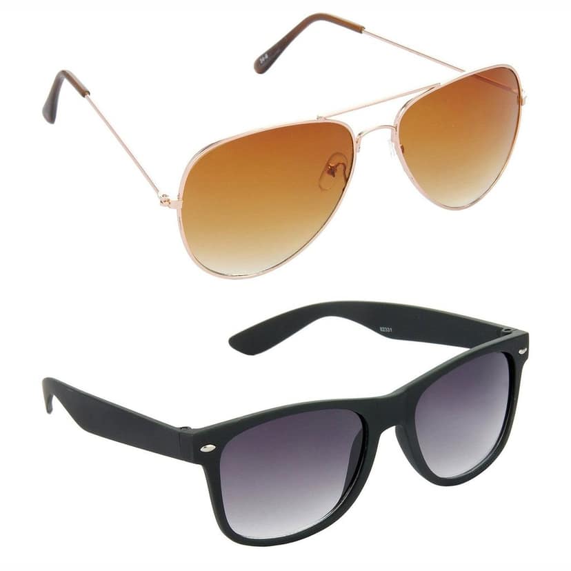 HRINKAR Men Women Boys & Girls Pilot Sunglasses Golden & Black Frame, Brown & Grey Lens (Medium) Pack of - 2