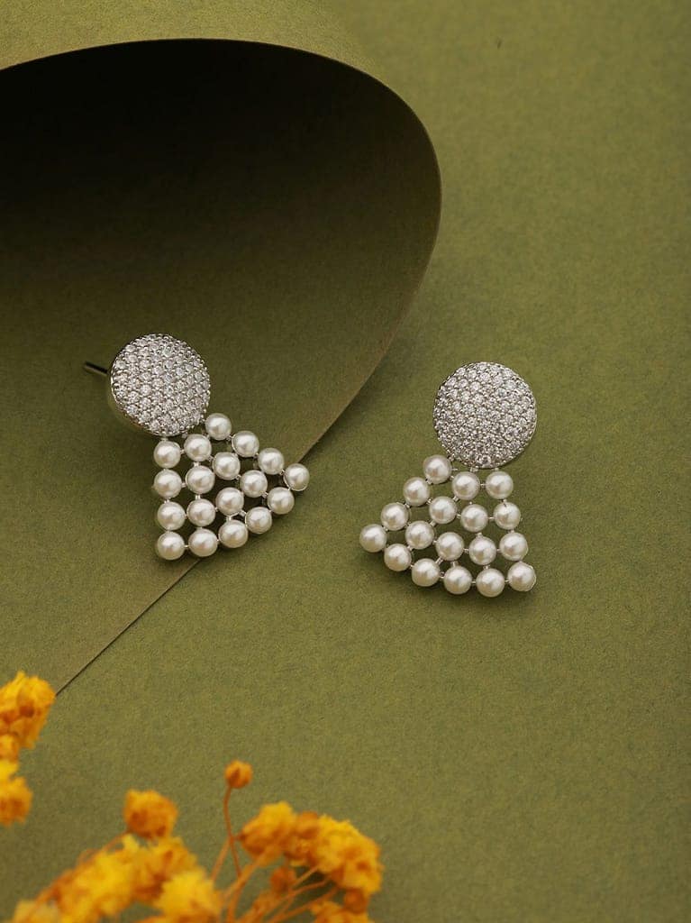 Silver Toned Pearl & AD Studded Designer Studds Earrings view 2