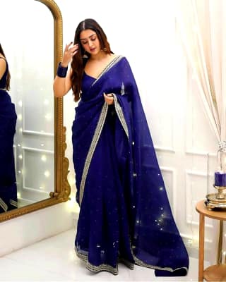 Beads Stone Saree (Color - Blue) by SHIV TEXTILES