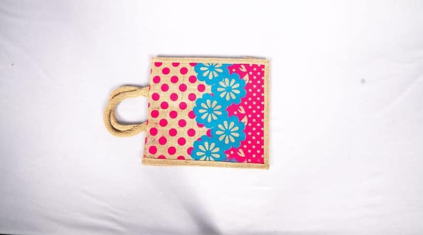 Small Burlap Gift Bag with Pink Floral Design view 2