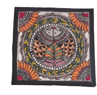 Handcrafted Madhwani Painting on Handmade Paper - Vibrant Natural Colors, Unique Fish & Floral Design, 7.5x7.5 Inches
