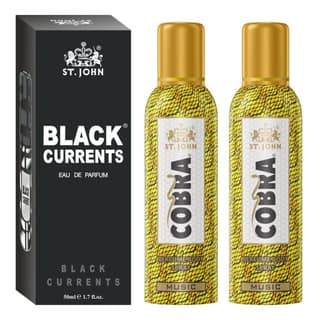 ST-JOHN Cobra Deodrant No Gas Music Pack of 2 100ml each & Black Current 50ml Combo Perfume Body Spray - For Men & Women (250 ml, Pack of 3)