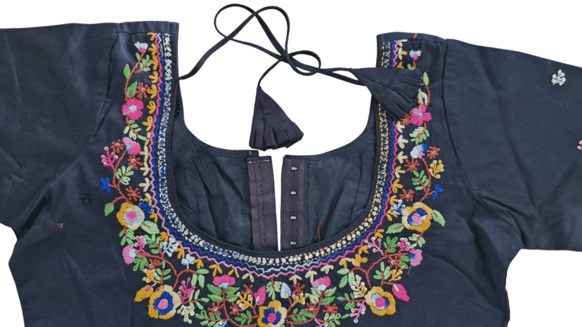 Black Cotton Hand Embroidered Floral Saree Blouse with Back Hook and Eye Closure view 2