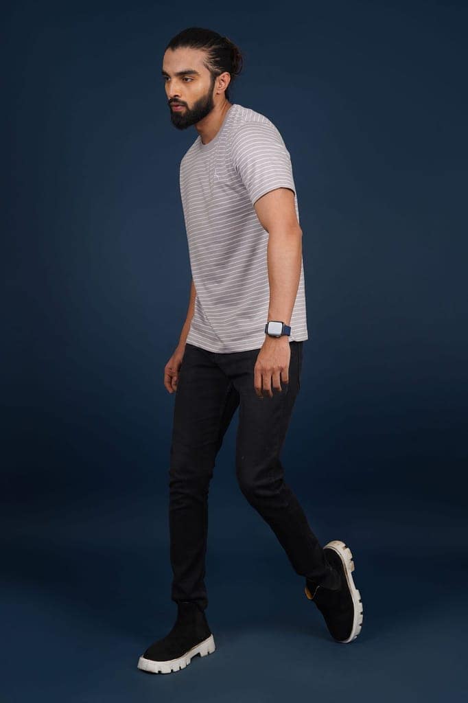 Men's Grey Striped Crew Neck T-Shirt view 3