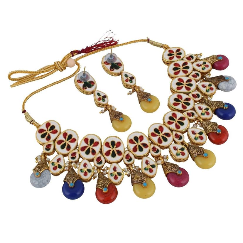 LUCKY JEWELLERY Back Meenakari 18k Gold Plated Multicolor Tika Earring Combo Uncut Big Faux Kundan Choker Necklace set view 4