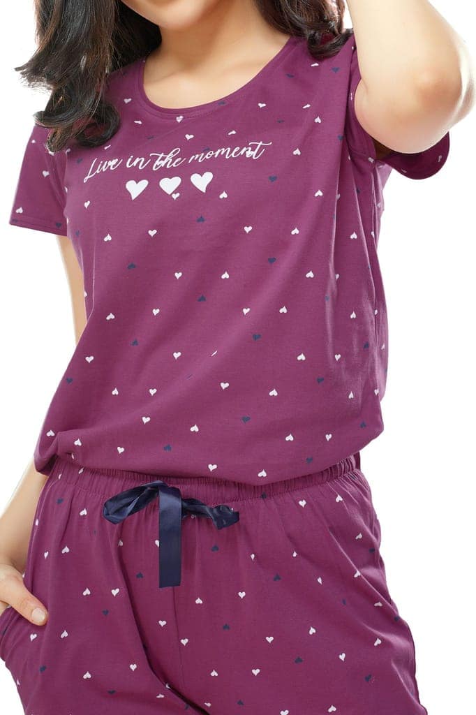 ZEYO Women's Cotton Navy Blue Heart Printed Stylish Night suit set view 2