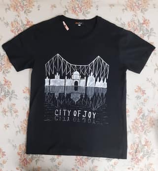Men's Black Cotton T-Shirt with White City of Joy Print