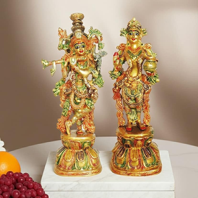 Brass Radha Krishna Pair God Idol ? Religious Decor Statue, Height : 12.5 Inch (BSMAS1409)