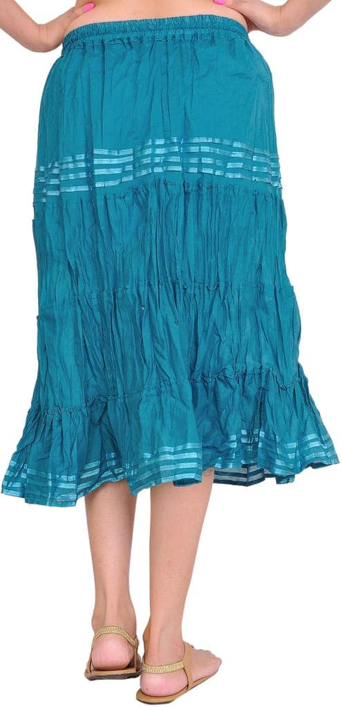 Storm-Blue Plain Elastic-Waist Midi Skirt with Lace view 2