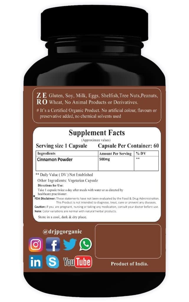 Dr. JPG Organic herbals Cinnamon Capsules 60 Veg. Capsules/INDIA ORGANIC Certified (Pack Of 2) view 2