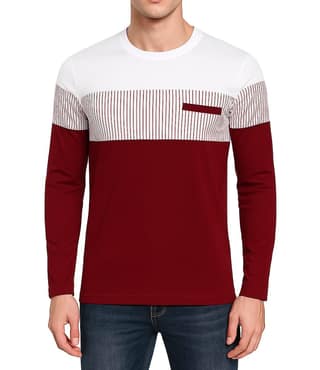 BASONTI Men's Color Block Long Sleeve T-Shirt - Maroon & White