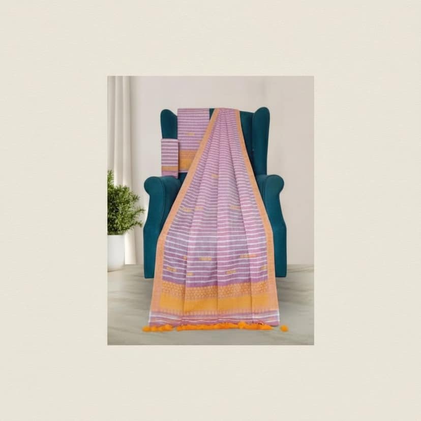 Purple & Orange Striped Tasselled Saree view 2