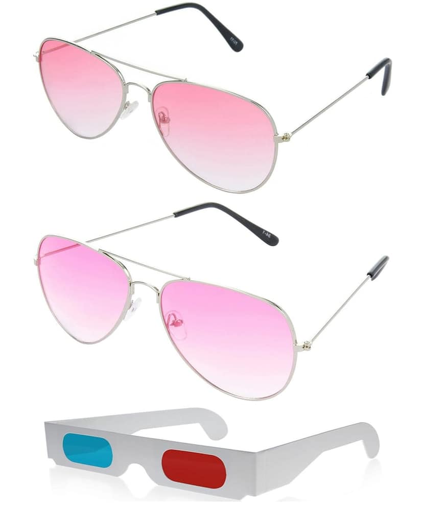 HRINKAR Pilot Stylish Sunglasses For Men And Women (Red And Pink Lens | Silver And Silver Frame - HCMB526) With Free Paper 3D Glass