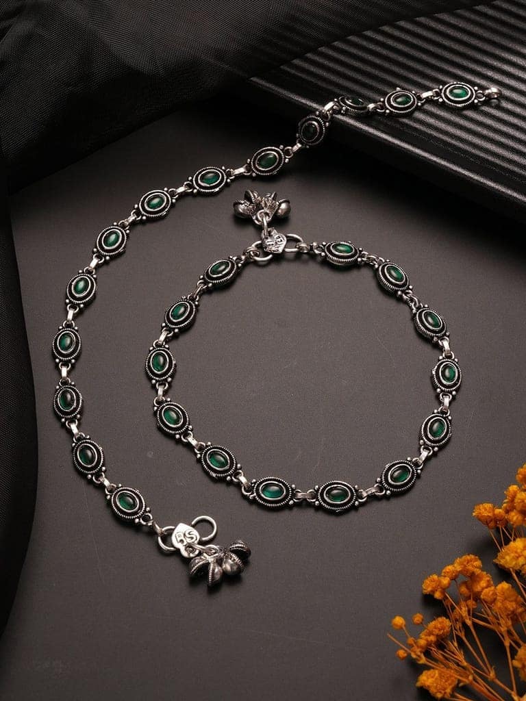Set of 2 Silver Oxidised Emerald Green Stone Studded Oval Minimal Dailywear Anklet Payal view 3