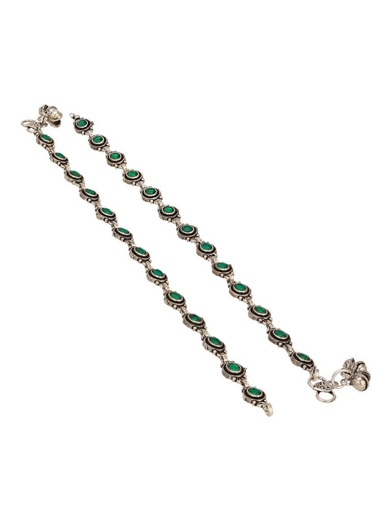 Set of 2 Silver Oxidised Emerald Green Stone Studded Oval Minimal Dailywear Anklet Payal view 4