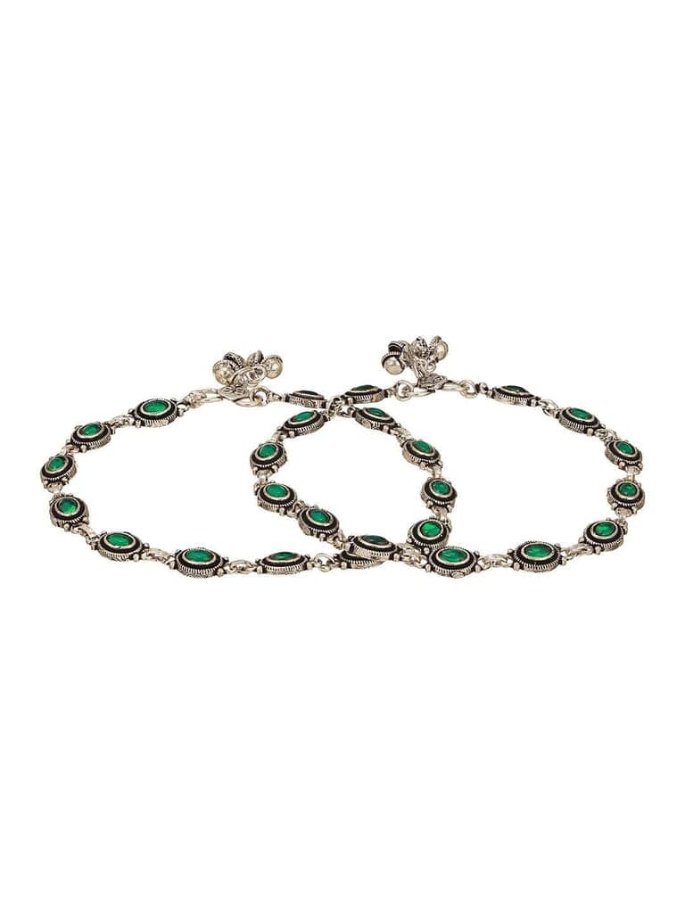 Set of 2 Silver Oxidised Emerald Green Stone Studded Oval Minimal Dailywear Anklet Payal view 6
