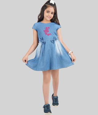 Being Naughty Denim Frock For Girls ( Pack of 1 , Blue )