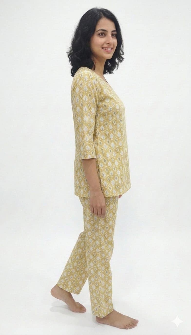 Mom and Me Women's Cotton Printed Co-ord Set, 3/4 Sleeve Kurta with Pyjama, Round Neck Nightwear, Available in Grey, Yellow, Green, Pink (Light Yellow, M) view 2