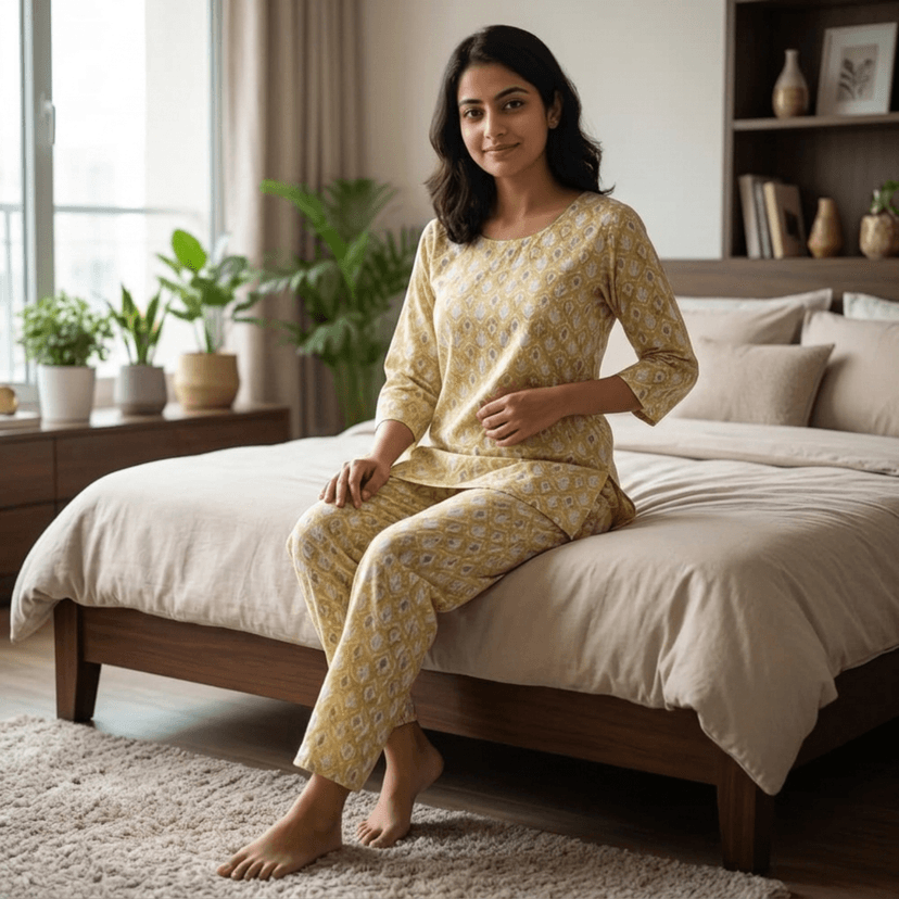 Mom and Me Women's Cotton Printed Co-ord Set, 3/4 Sleeve Kurta with Pyjama, Round Neck Nightwear, Available in Grey, Yellow, Green, Pink (Light Yellow, M) view 3