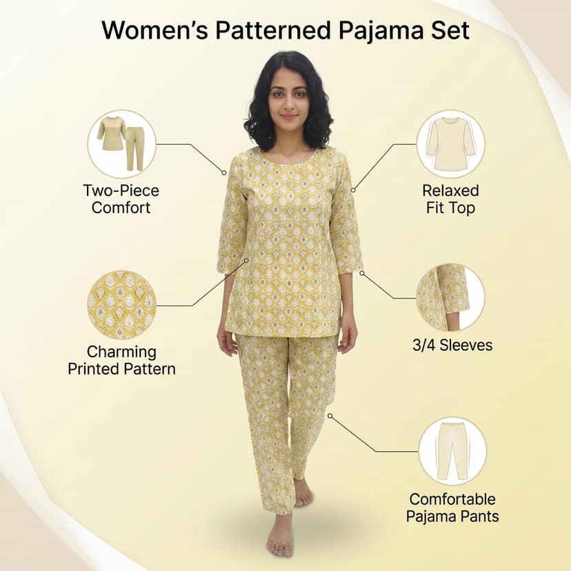 Mom and Me Women's Cotton Printed Co-ord Set, 3/4 Sleeve Kurta with Pyjama, Round Neck Nightwear, Available in Grey, Yellow, Green, Pink (Light Yellow, M) view 4