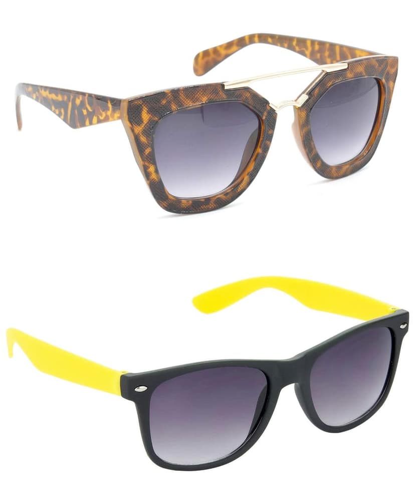 Hrinkar Unisex Rectangular Sunglasses Golden & Yellow Frame, Clear & Grey Lens (Medium) - Pack of 2