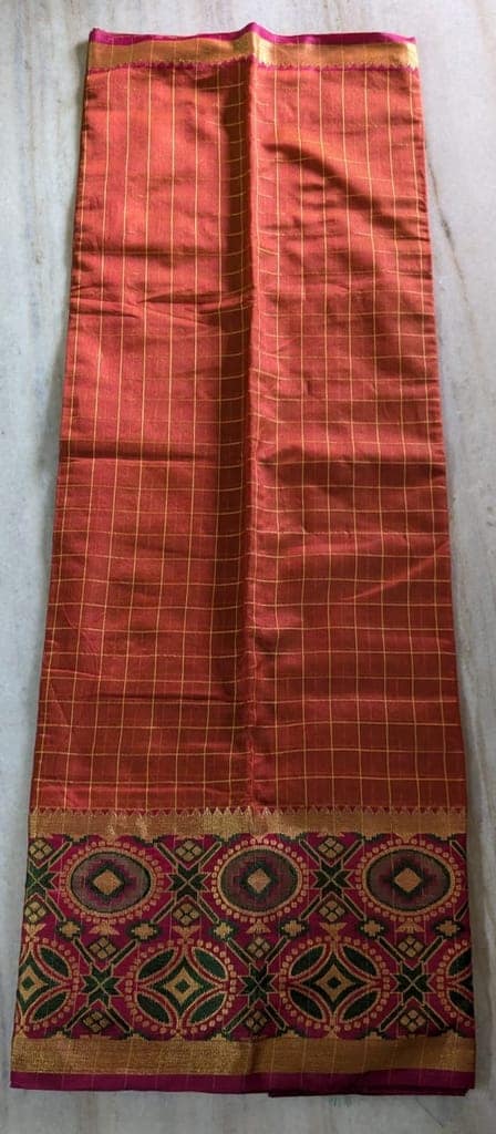 Red and gold checked pattern silk saree with zari border view 2