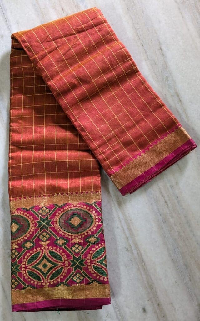 Red and gold checked pattern silk saree with zari border view 3