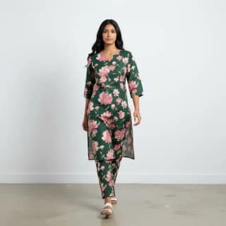 Teal Green Floral Screen-Print Cotton Kurti and Trouser Set