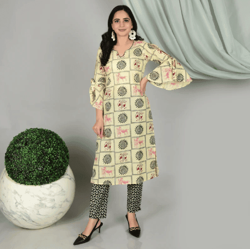 MELLOW YELLOW HAND BLOCK PRINTS PURE COTTON KURTI ADORNED WITH "BELL SHAPED SLEEVES" SET OF 2