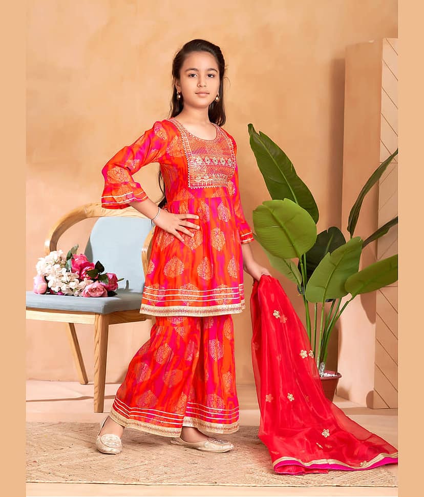 Aarika Girls Rayon Kurti with Sharara ( Pack of 1 , Orange ) view 2