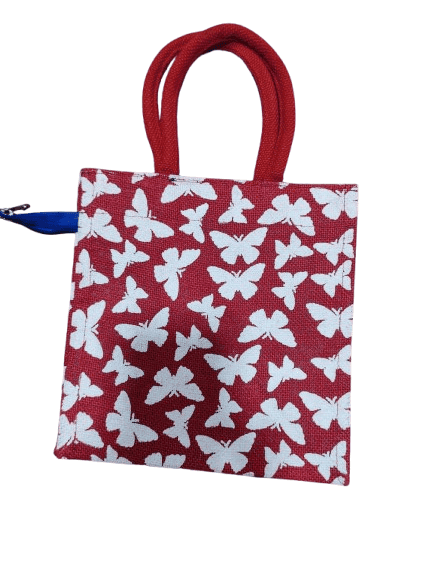 Red and White Butterfly Jute Tote Bag view 3