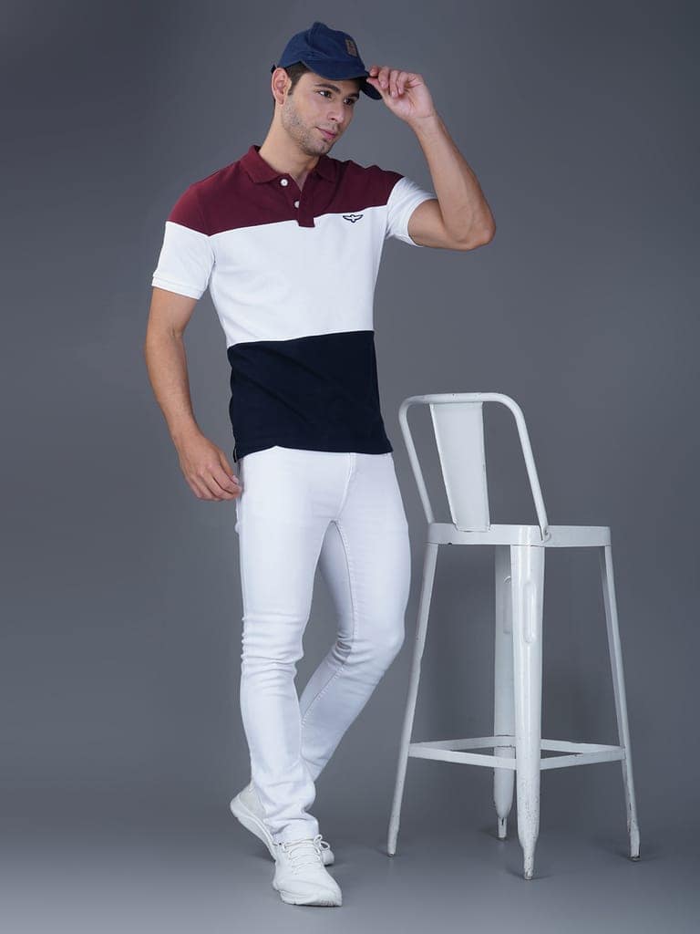 Men’s Premium Cotton Color Block Polo T-shirt Maroon/white/Navy view 6