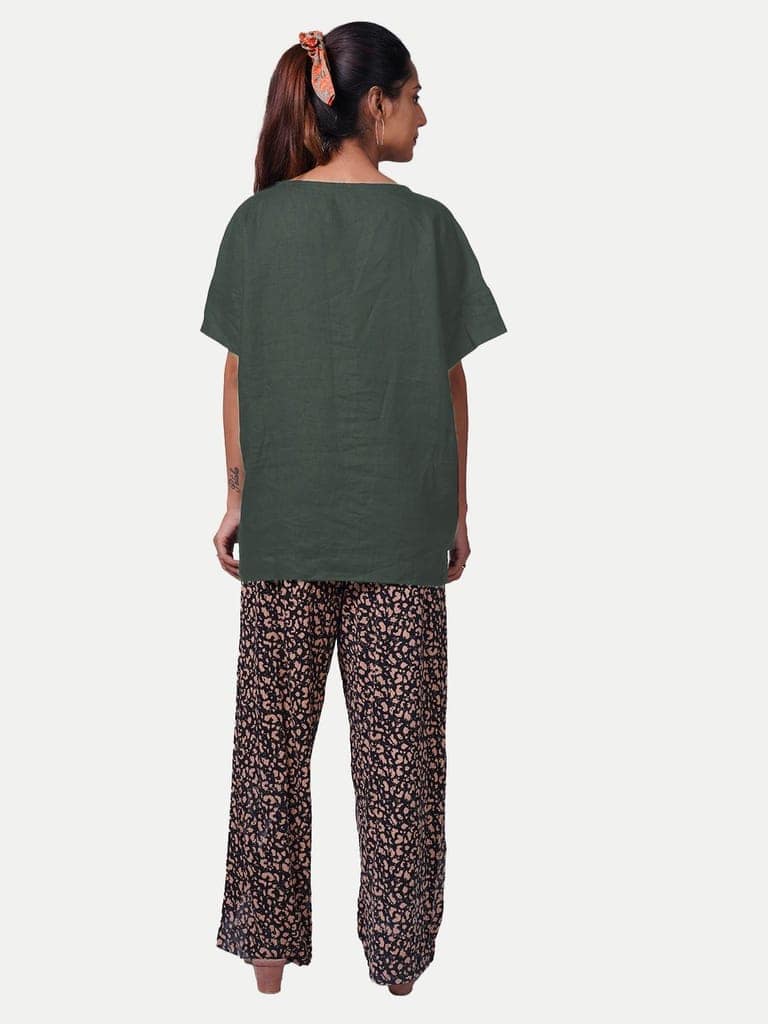 Women solid casual Green Linen Tops view 4