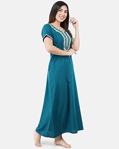 KOI SLEEPWEAR Premium Women White Contrast Embroidery Night Gown Lizzybizzy Cotton Nighty Maxi (Large, Teal Blue)� view 3