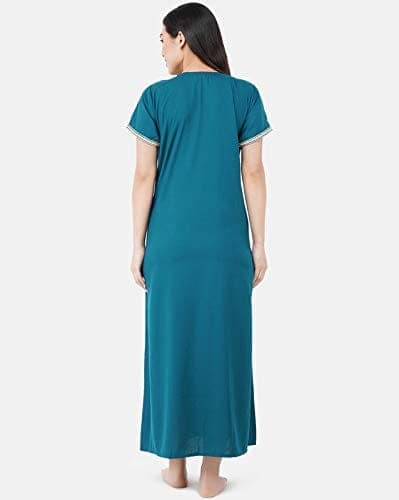 KOI SLEEPWEAR Premium Women White Contrast Embroidery Night Gown Lizzybizzy Cotton Nighty Maxi (Large, Teal Blue)� view 5