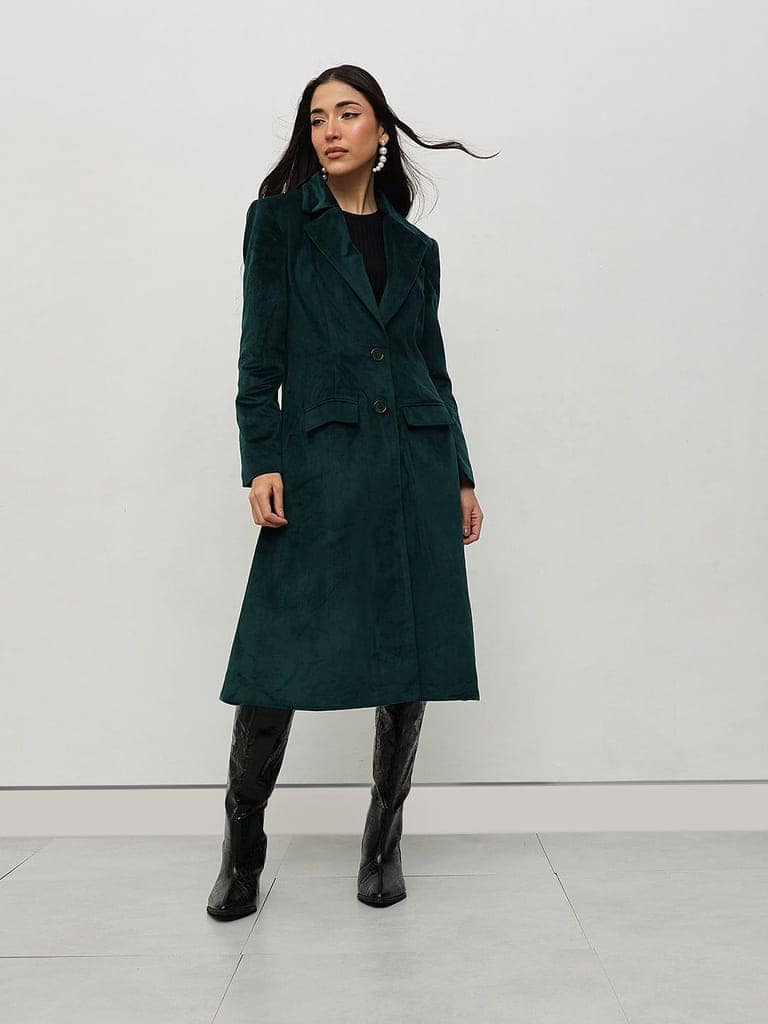 Emerald Green Velvet Trench Coat view 3