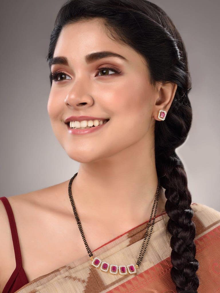 GOLD Plated Red AD Studded Black Beaded Mangalsutra Jewellery Set view 2