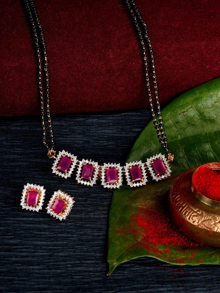 GOLD Plated Red AD Studded Black Beaded Mangalsutra Jewellery Set view 4