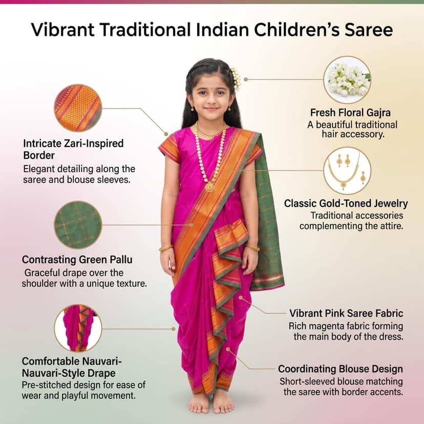 luster Shahi Mastani Nauvari saree for kids/girls Ready-to-wear with a stitched blouse, Traditional Maharashtrian Marathi saree, for School program ganpati pujas festival (Pink, 14-15 Years) view 4